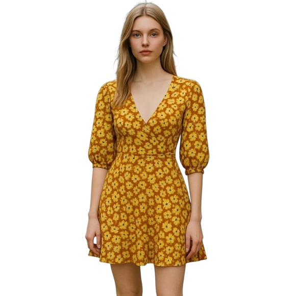 Faithfull The Brand Yellow Floral Wrap V-Neck Puff Sleeve Mini Dress Large NWT - Picture 1 of 10